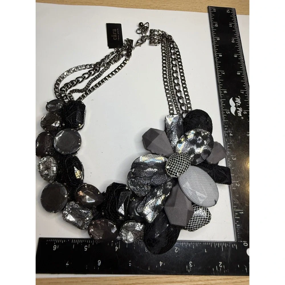 Cara New York Gunmetal Statement Necklace Mixed Media Lace Stone Floral Bib